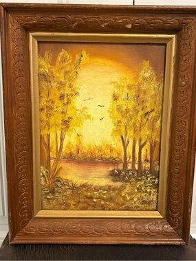 Golden Woodland Sunset Canvas Art - Yellow Framed Landscape